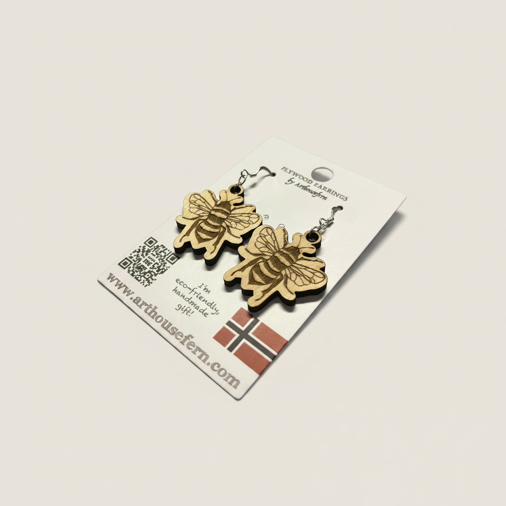 Bumblee bees 30x33mm wooden earrings 925 silver wires