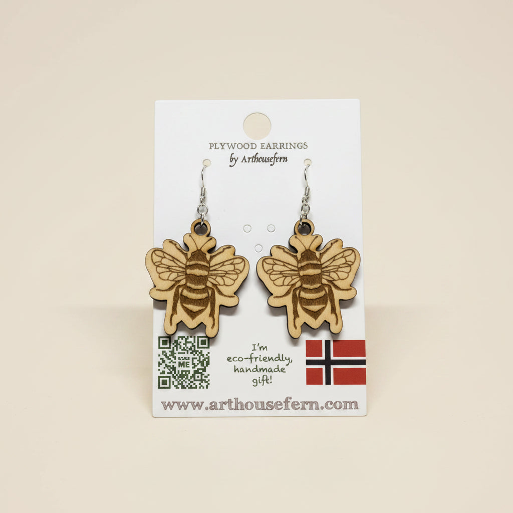 Bumblee bees 30x33mm wooden earrings 925 silver wires