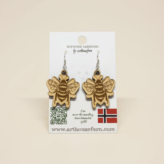 Bumblee bees 30x33mm wooden earrings 925 silver wires