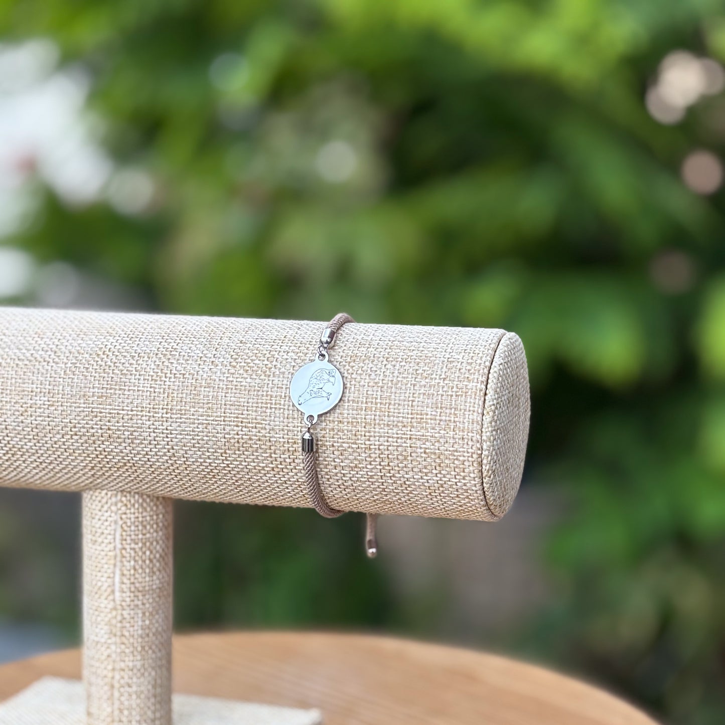 Polar bear 21mm round silver on textile cord sand beige