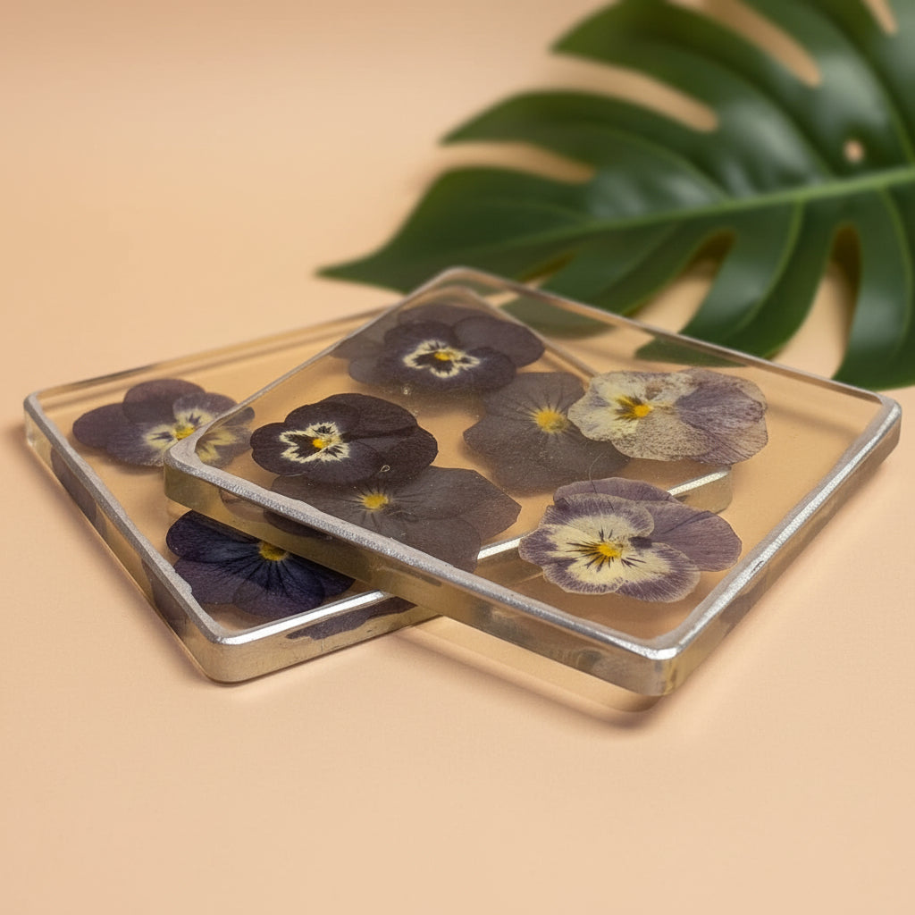 Set of 2 Pansie filled and gold coasters RESIN