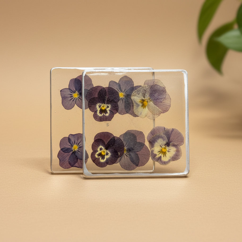 Set of 2 Pansie filled and gold coasters RESIN