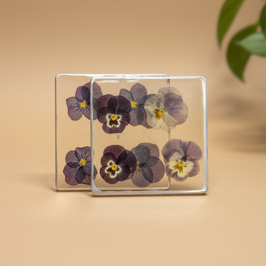 Set of 2 Pansie filled and gold coasters RESIN
