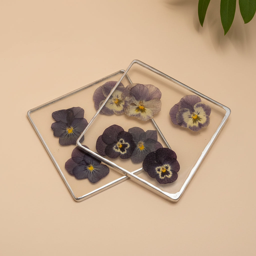 Set of 2 Pansie filled and gold coasters RESIN