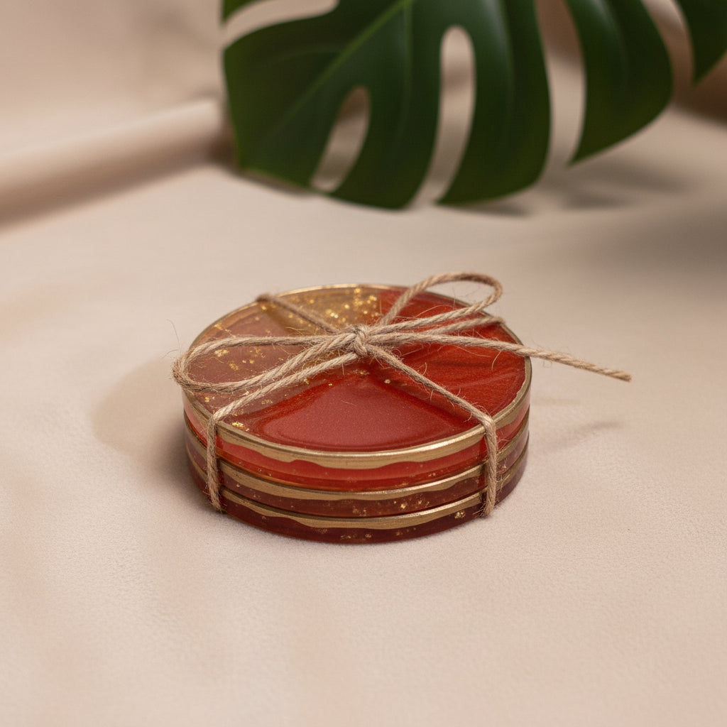Set of 4 Red and gold coasters RESIN SALE