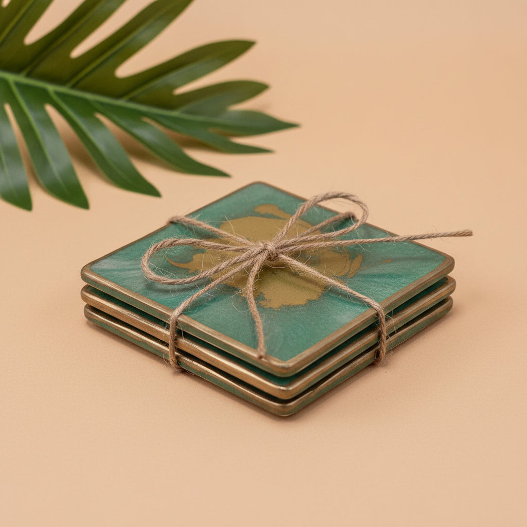 Set of 2 Aqua and gold  coasters RESIN SALE