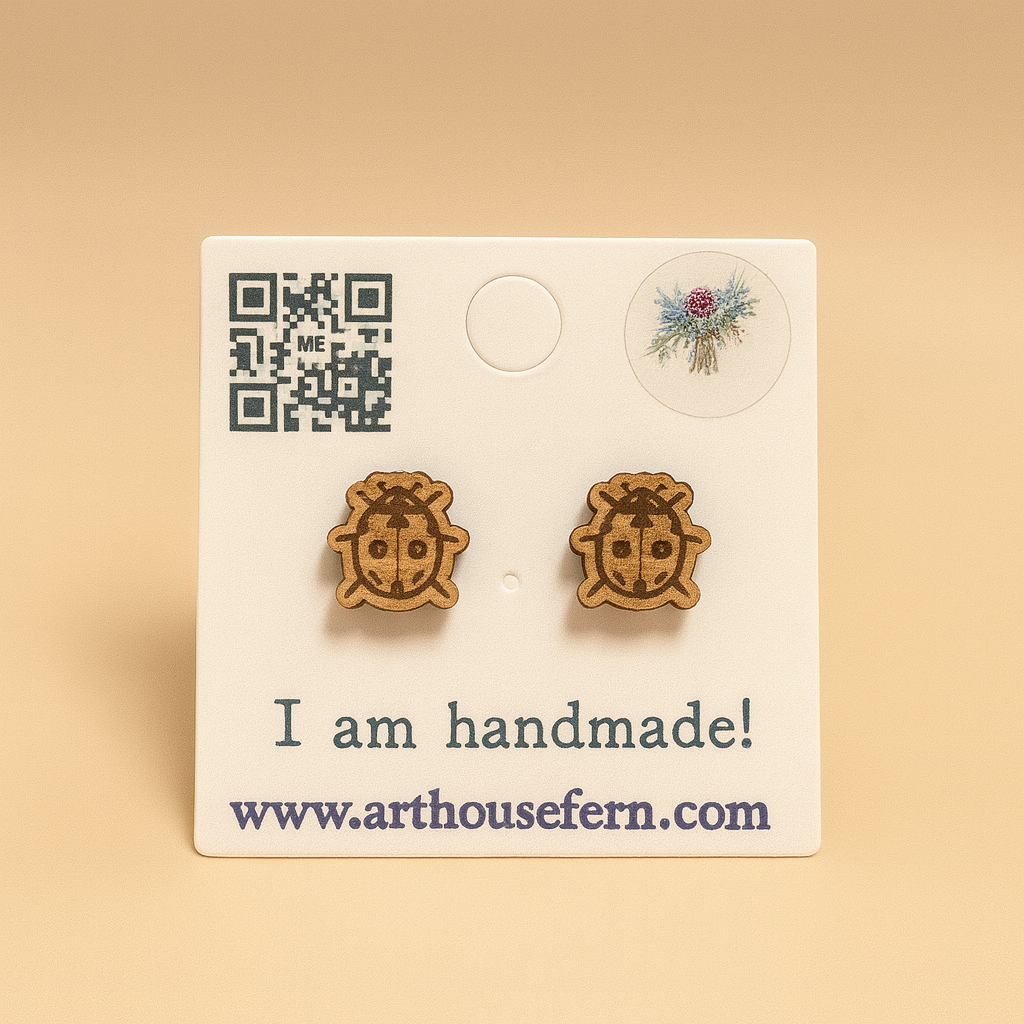 Ladybugs 9x8mm wooden studs 925 silver back