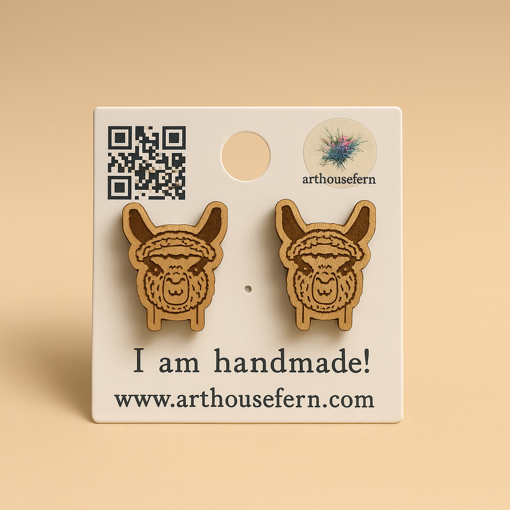 Llamma faces 10x15mm wooden studs 925 silver back