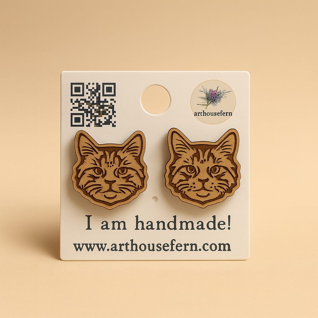 Norway forest cat faces 15x15mm wooden studs 925 silver back