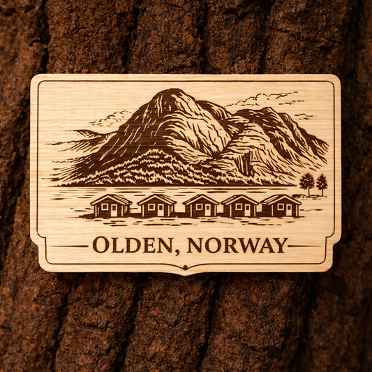 Olden fjord with cabins 62X46mm wooden magnet
