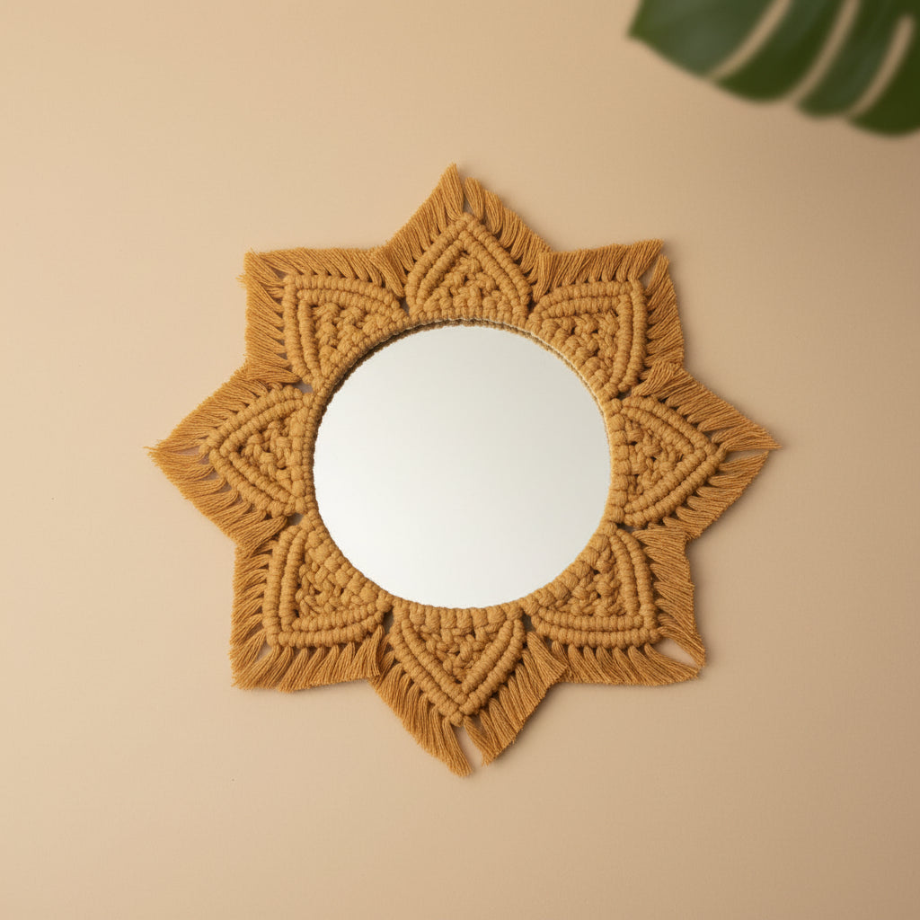 Macrame mirror small yellow handmade by Pamade