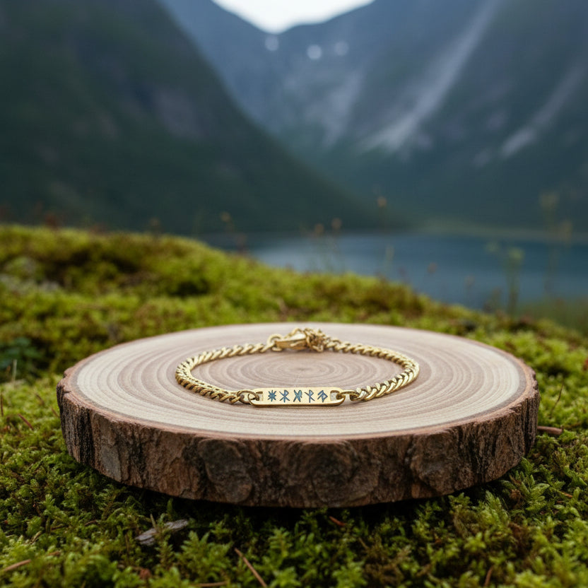 9 Runen auf Armband mit geschwungener Stange, Seilkette, Gold, Edelstahl