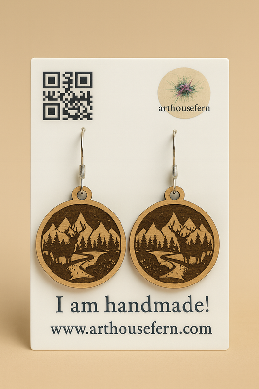 Deer by the river 26x30mm wooden earrings 925 silver wires