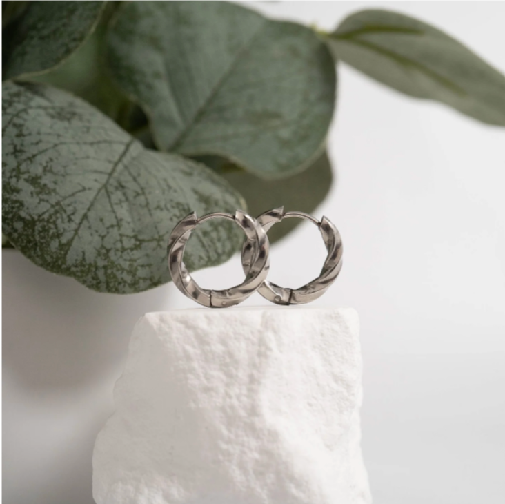 Textured Twisted Huggie Hoop Earrings-316L surgical-grade stainless steel