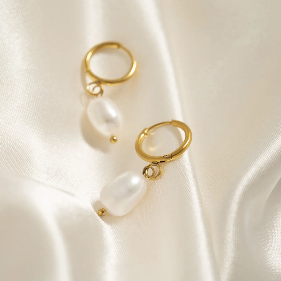 Fresh water pearls coins on Gold Stainless Steel Hoops