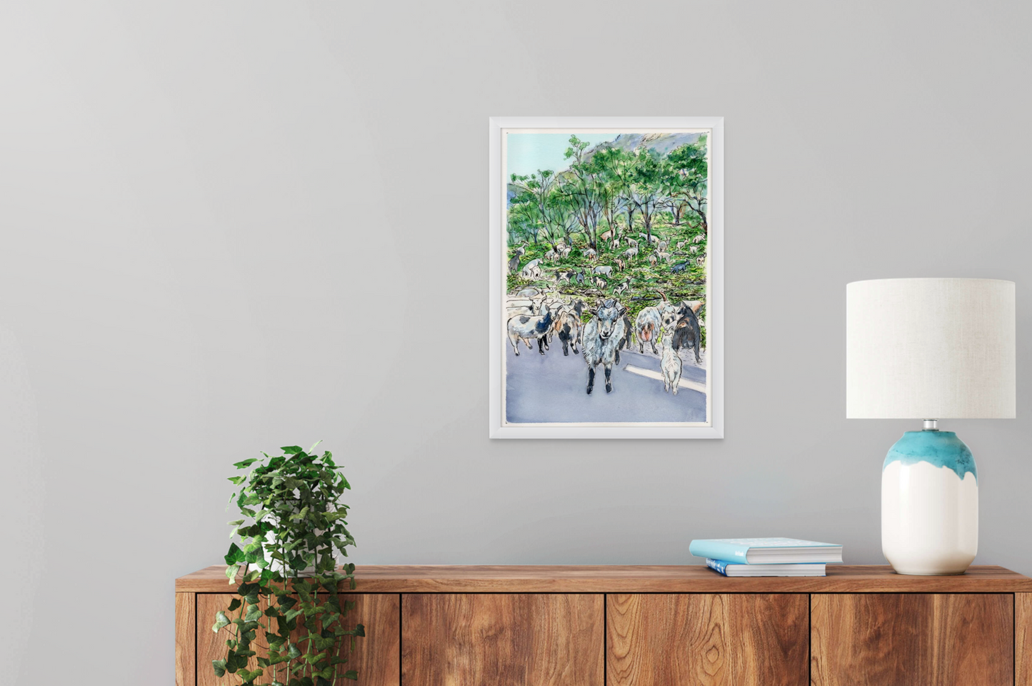 A3 Poster Scenery- Goats in Undredal valley blocking the road with ferns