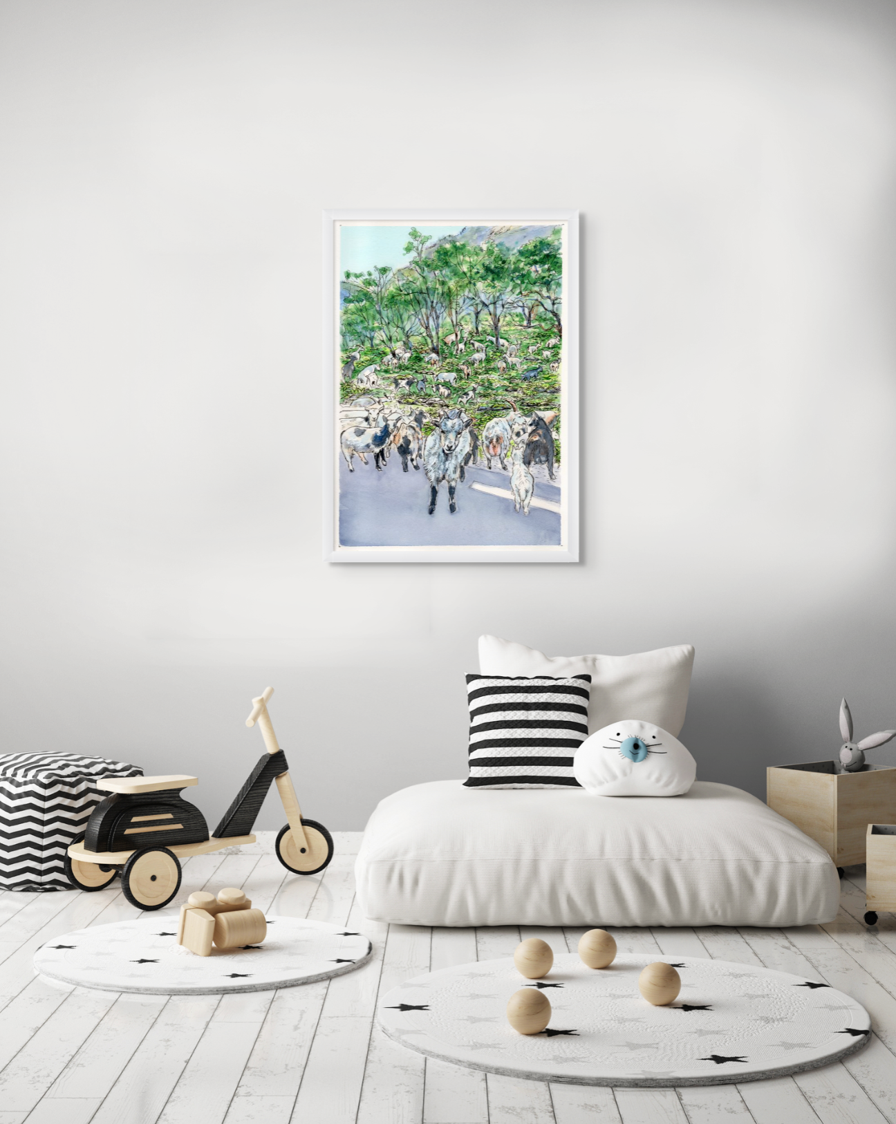A3 Poster Scenery- Goats in Undredal valley blocking the road with ferns