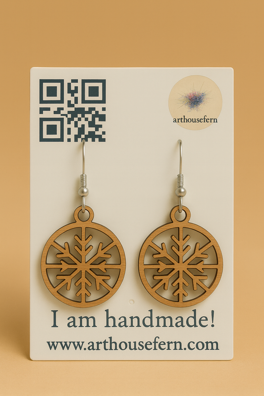 Snowflakes in round cutout 25x29mm wooden earrings 925 silver wires