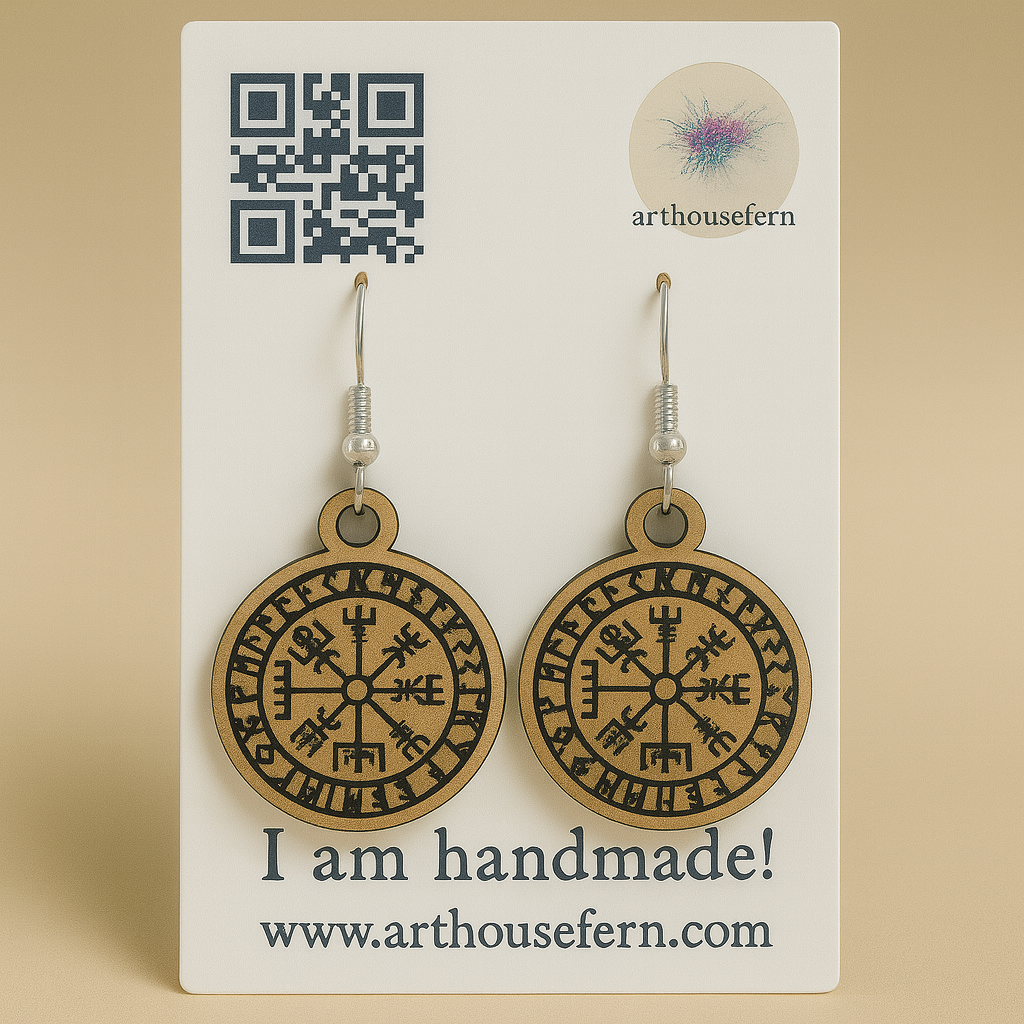 Vegvisir rune 27x31mm wooden earrings 925 silver wires