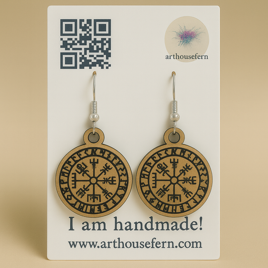 Vegvisir rune 27x31mm wooden earrings 925 silver wires