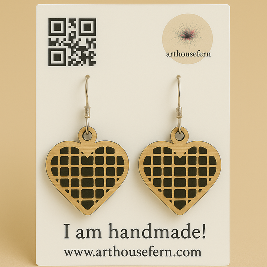 Waffle hearts 30x27mm wooden earrings 925 silver wires
