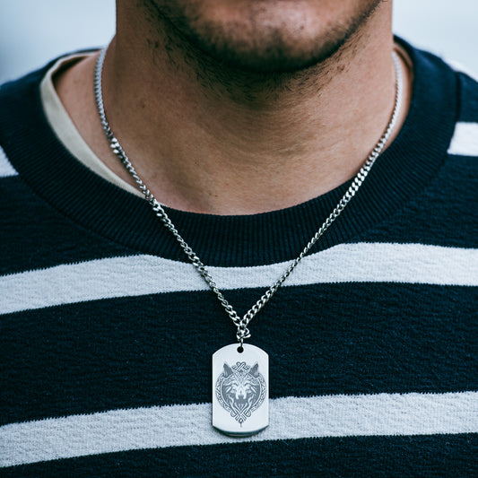 Wolfs head soldier tag Silver SS on 50cm Thick chain