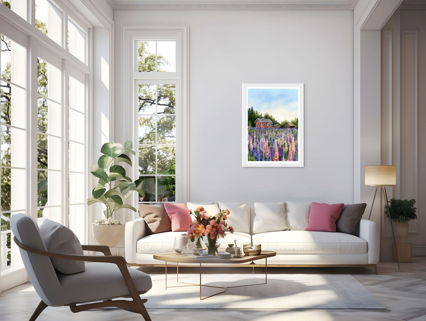 A3 Poster Scenery- Lupins with red cabin Illustation