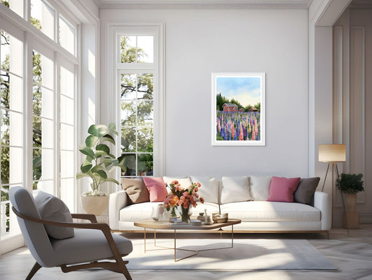 A3 Poster Scenery- Lupins with red cabin Illustation