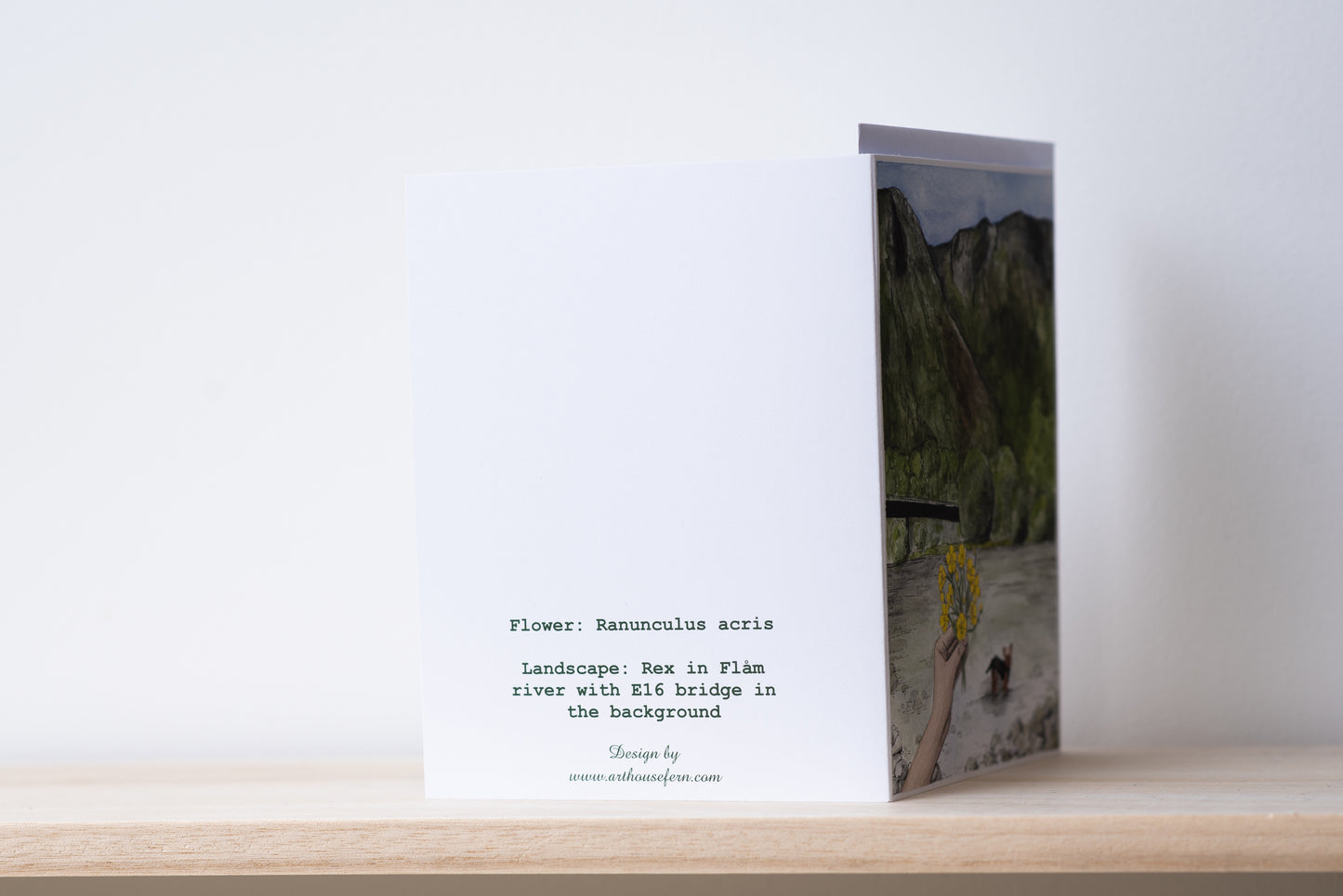 Tarjeta de felicitación "Río Flåm, ranúnculos y Rex"